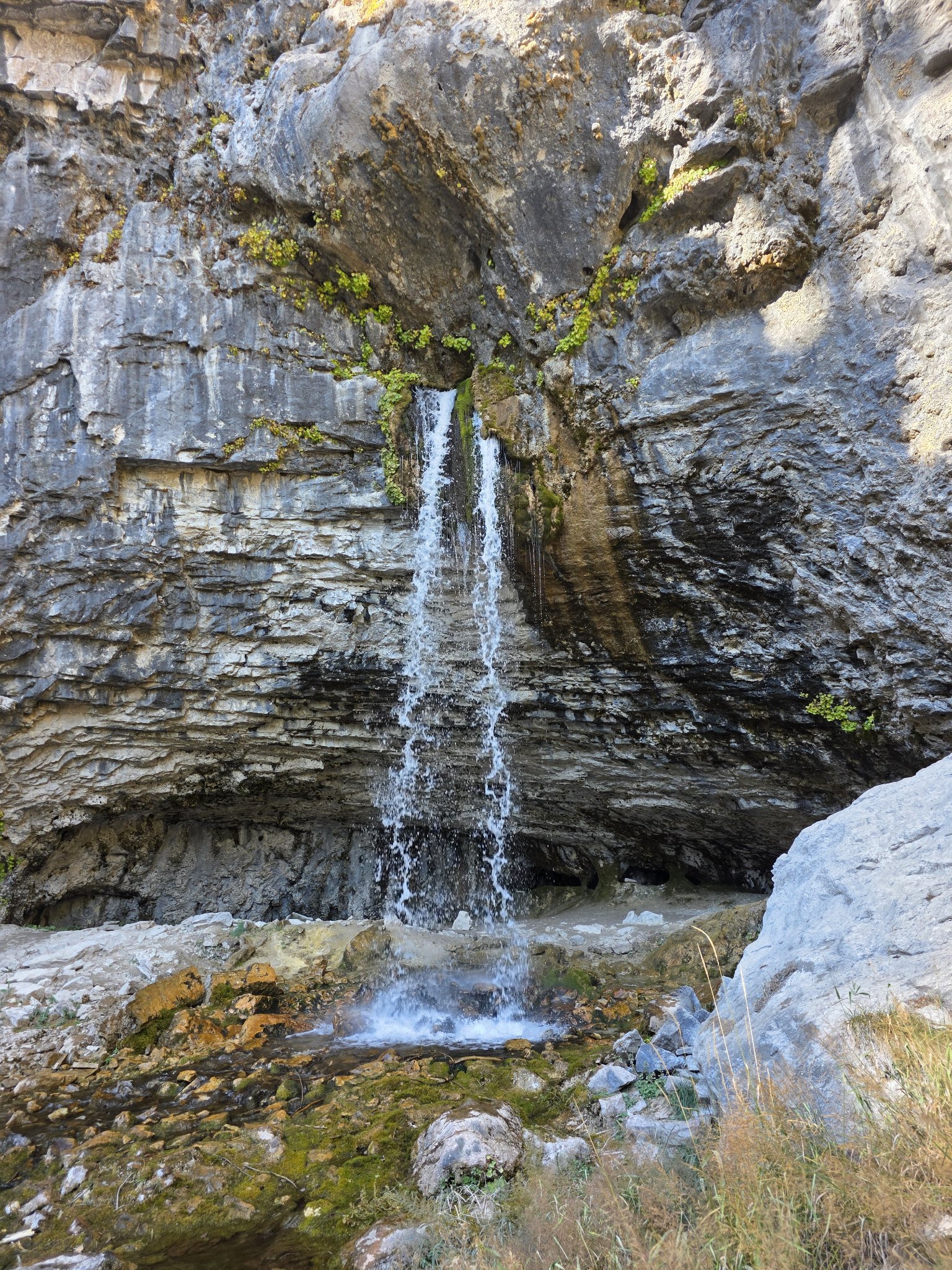 Spouting Rock waterfall pouring straight out of the mossy cliff face behind Hanging Lake